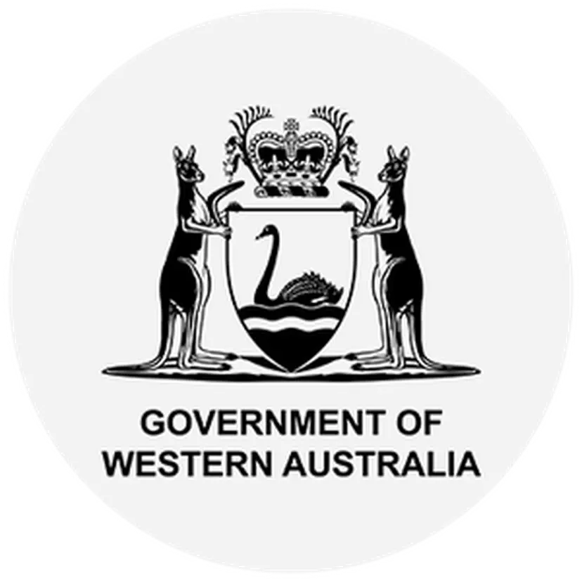 Coat of Arms of Western Australia: Black swan on shield, flanked by kangaroos, topped with royal crown; text below reads "Government of Western Australia."